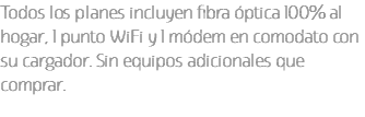 Todos los planes incluyen fibra óptica 100% al hogar, 1 punto WiFi y 1 módem en comodato con su cargador. Sin equipos adicionales que comprar.